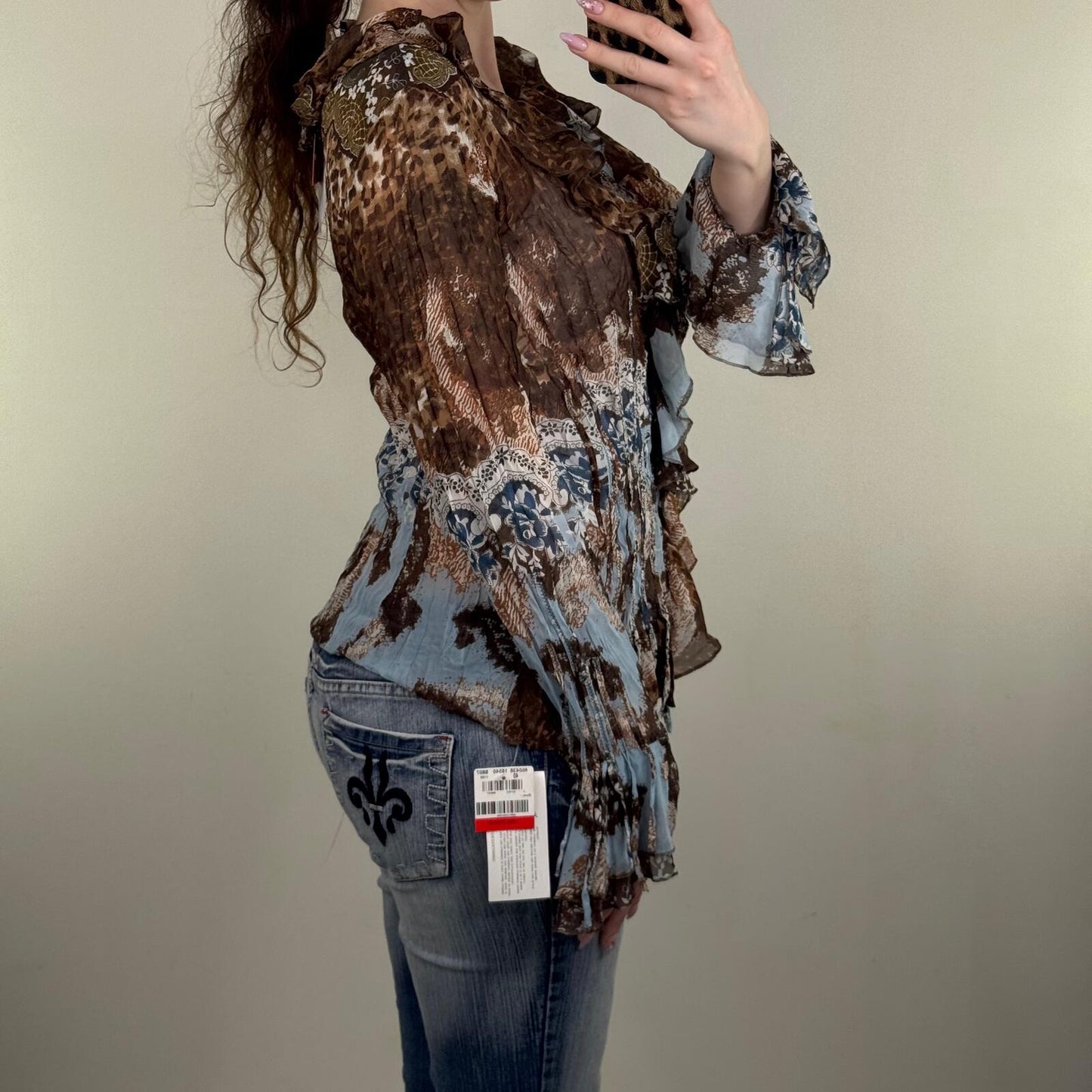 Y2K vintage blouse long sleeve flare frilly ruffle leopard print floral v neck