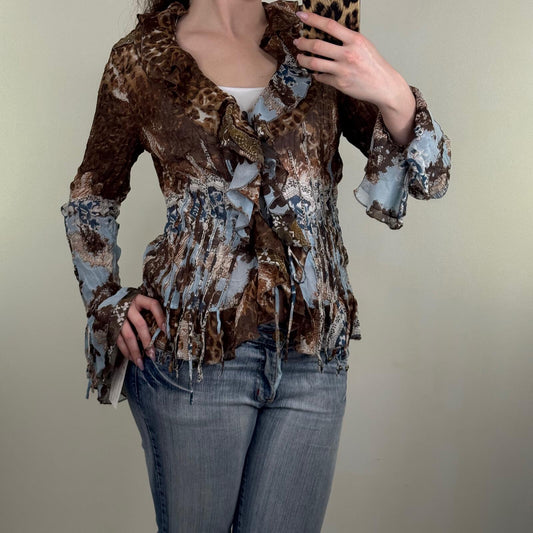 Y2K vintage blouse long sleeve flare frilly ruffle leopard print floral v neck