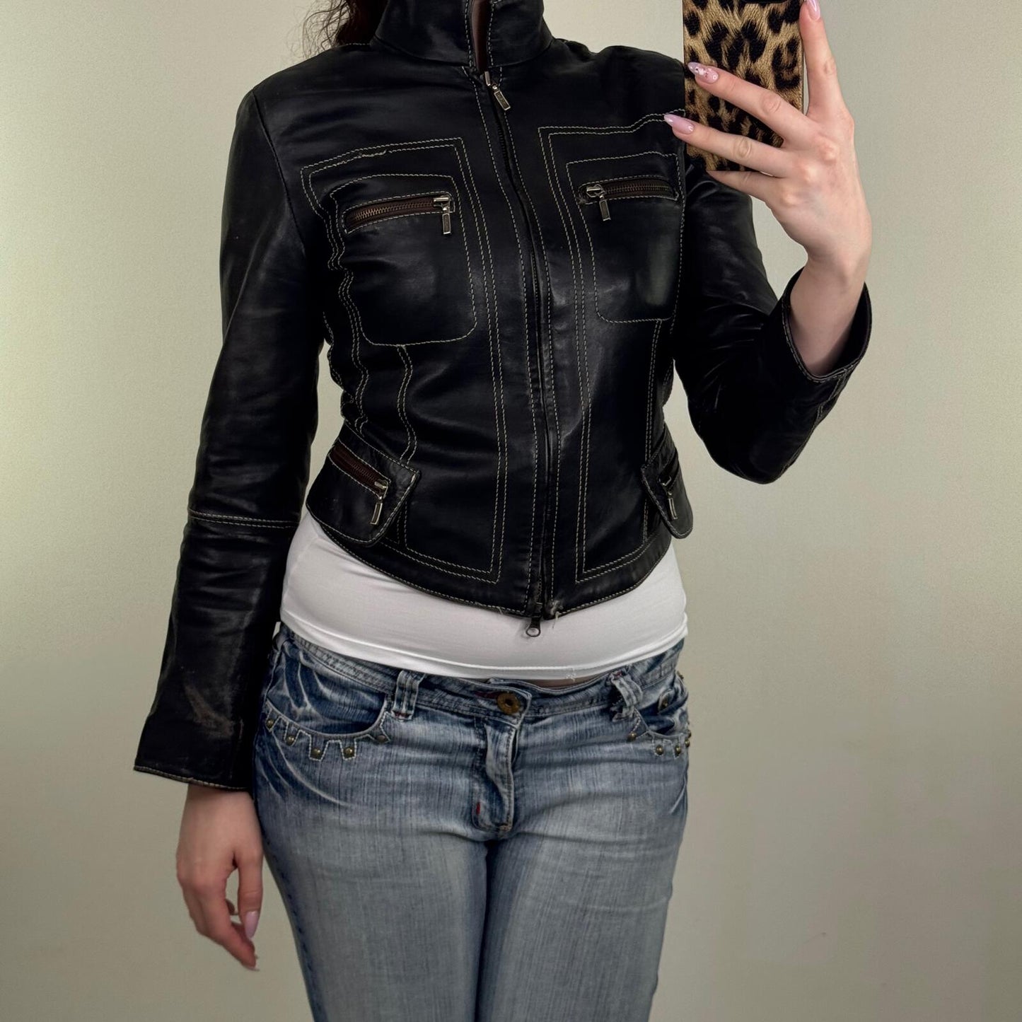 Y2K vintage real leather jacket short crop fitted high neck zip up tailored
