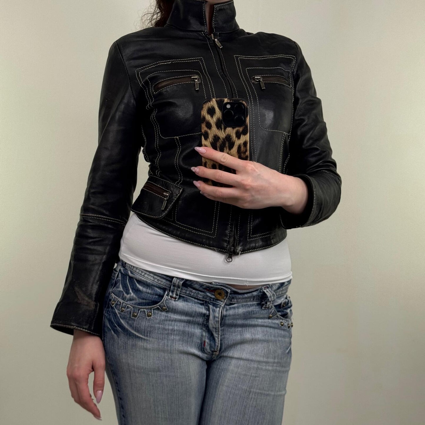 Y2K vintage real leather jacket short crop fitted high neck zip up tailored