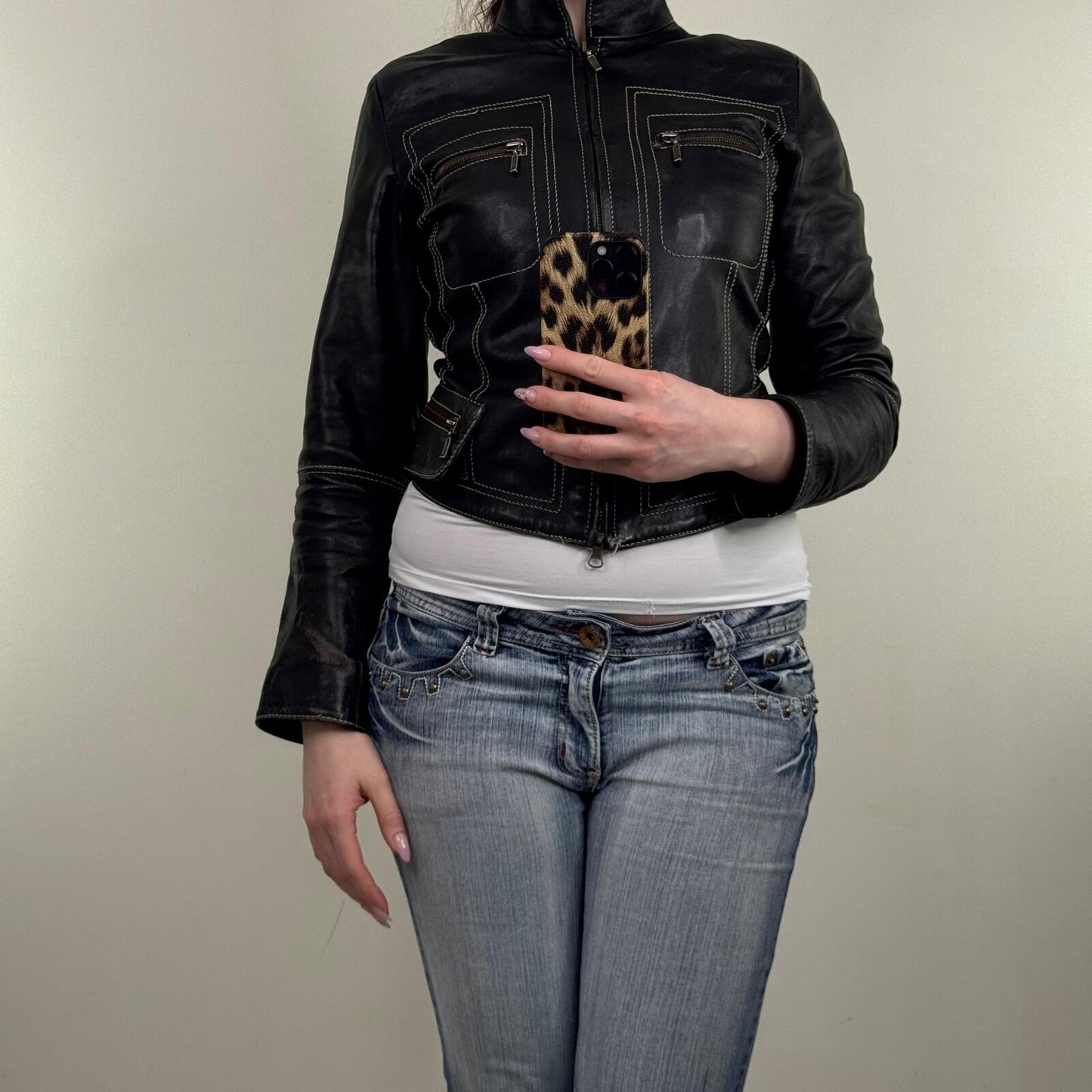 Y2K vintage real leather jacket short crop fitted high neck zip up tailored