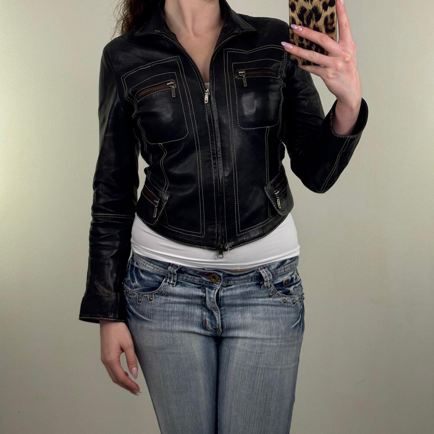 Y2K vintage real leather jacket short crop fitted high neck zip up tailored