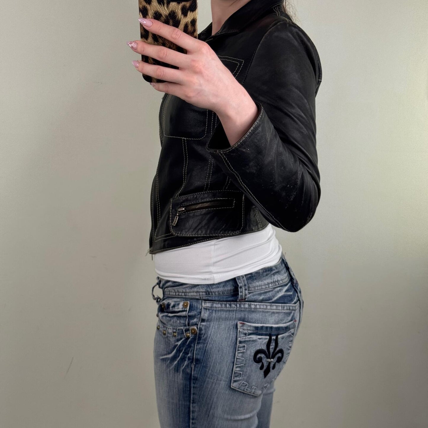 Y2K vintage real leather jacket short crop fitted high neck zip up tailored