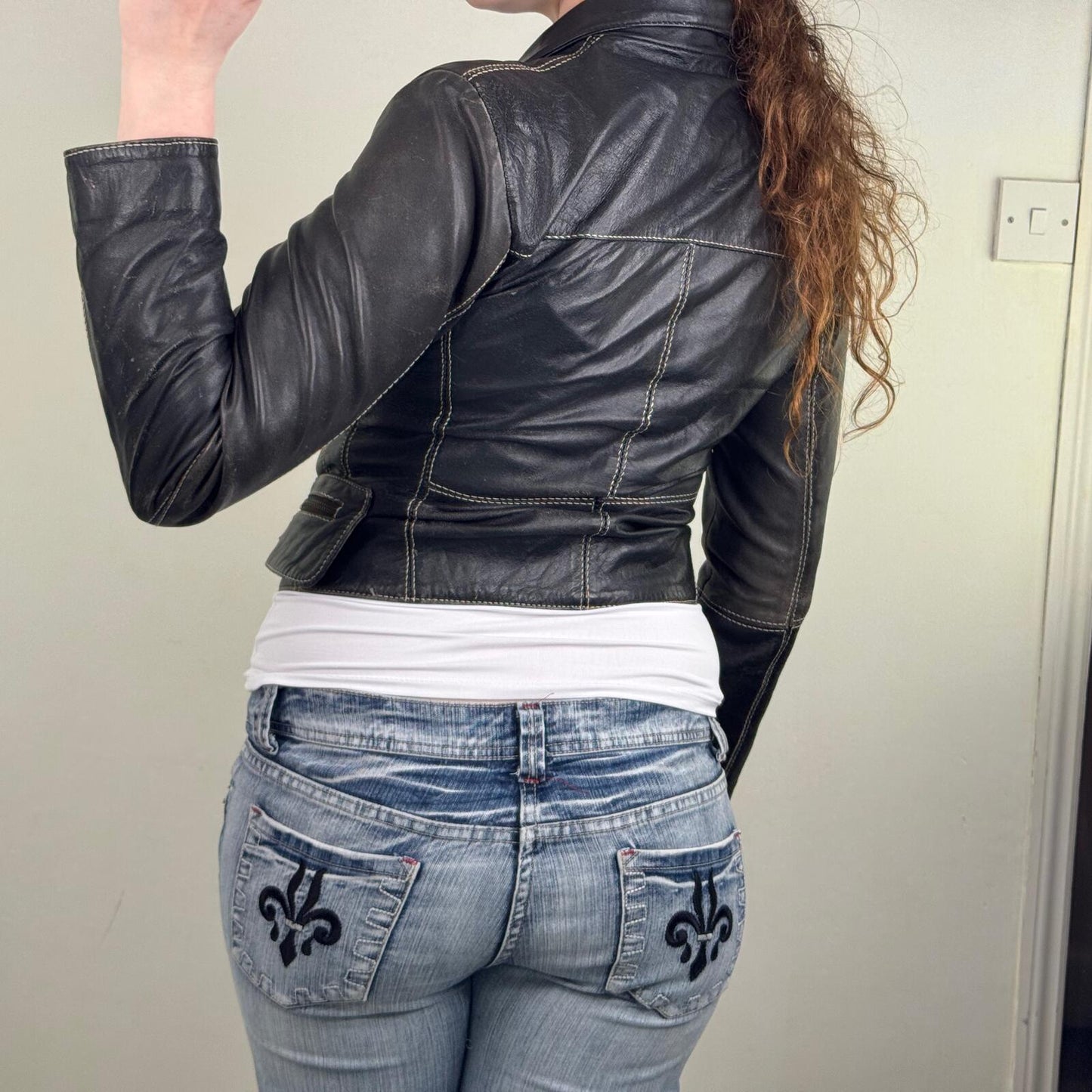 Y2K vintage real leather jacket short crop fitted high neck zip up tailored