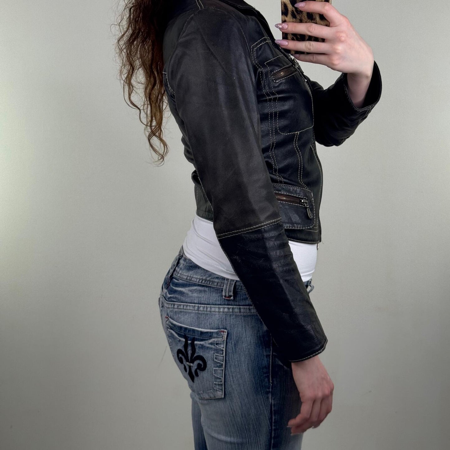 Y2K vintage real leather jacket short crop fitted high neck zip up tailored