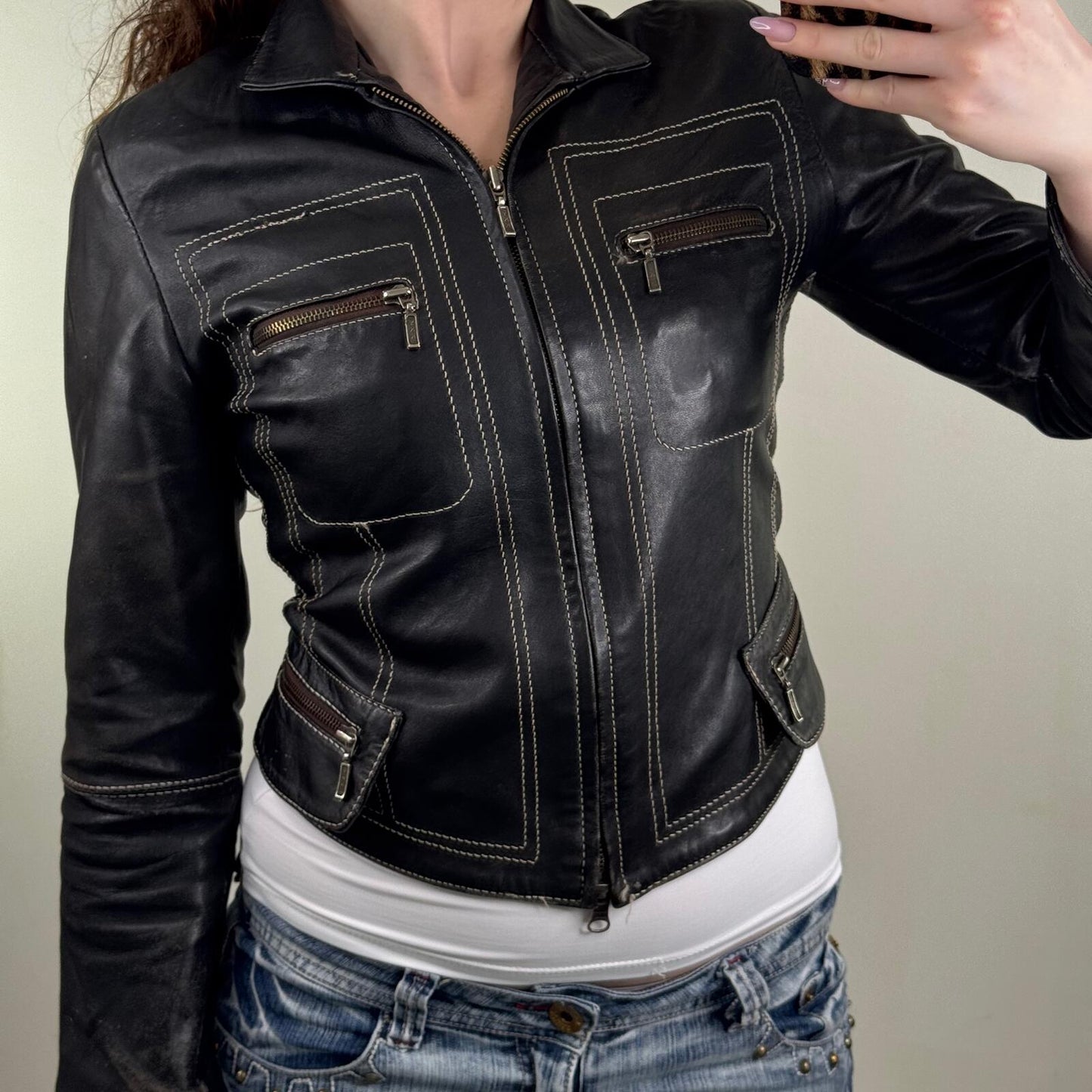 Y2K vintage real leather jacket short crop fitted high neck zip up tailored
