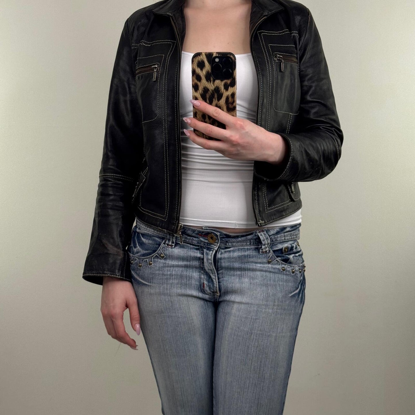 Y2K vintage real leather jacket short crop fitted high neck zip up tailored