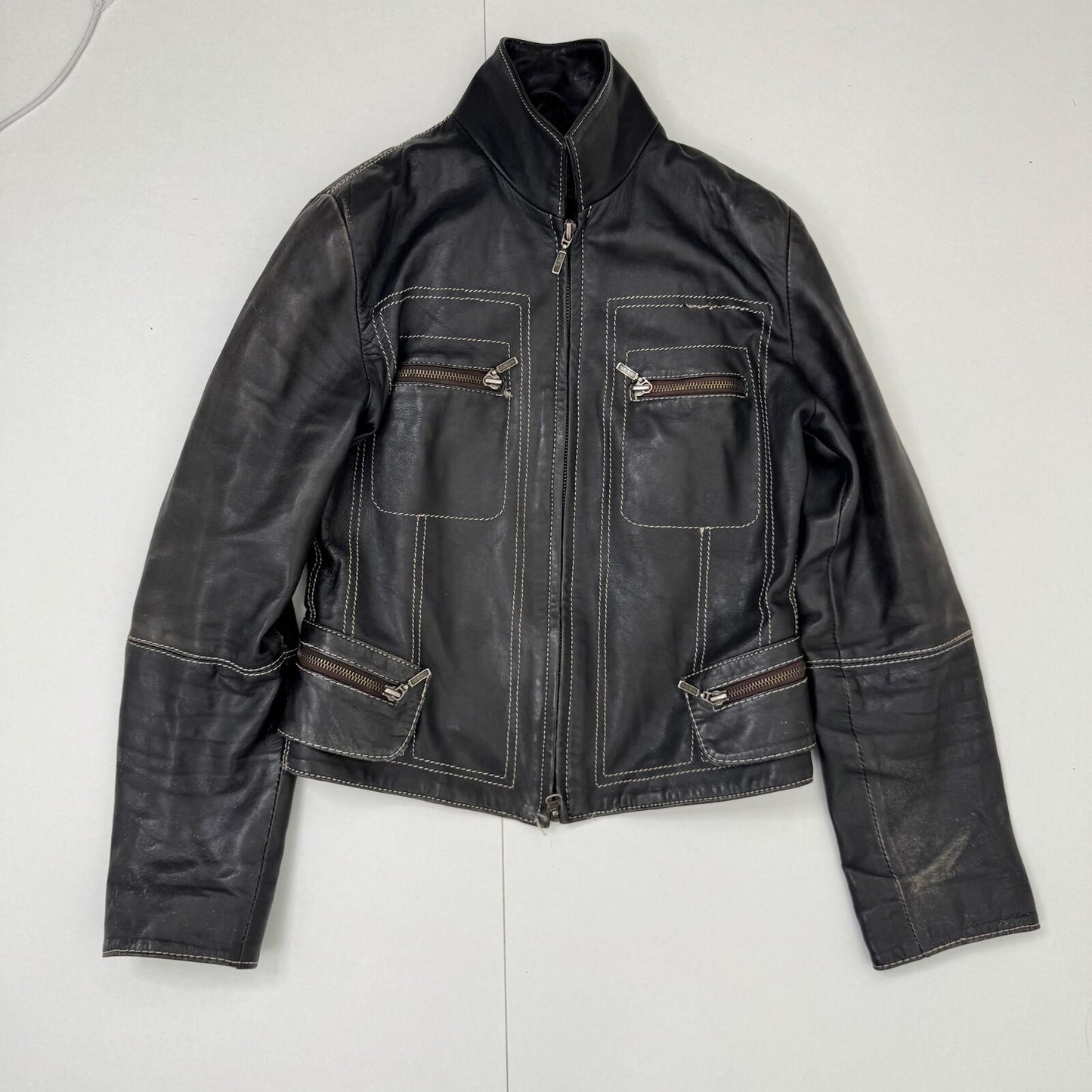 Y2K vintage real leather jacket short crop fitted high neck zip up tailored