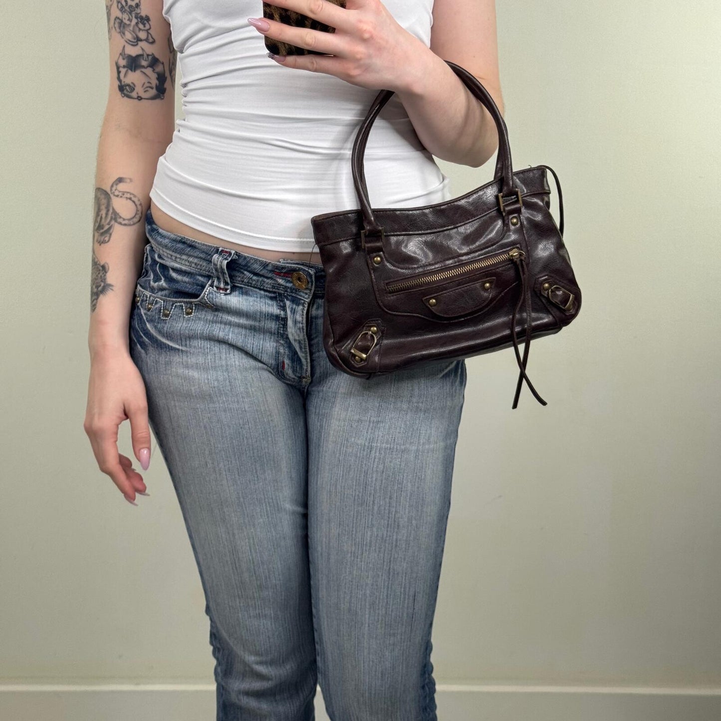 Y2K vintage handbag faux leather studded small dark brown