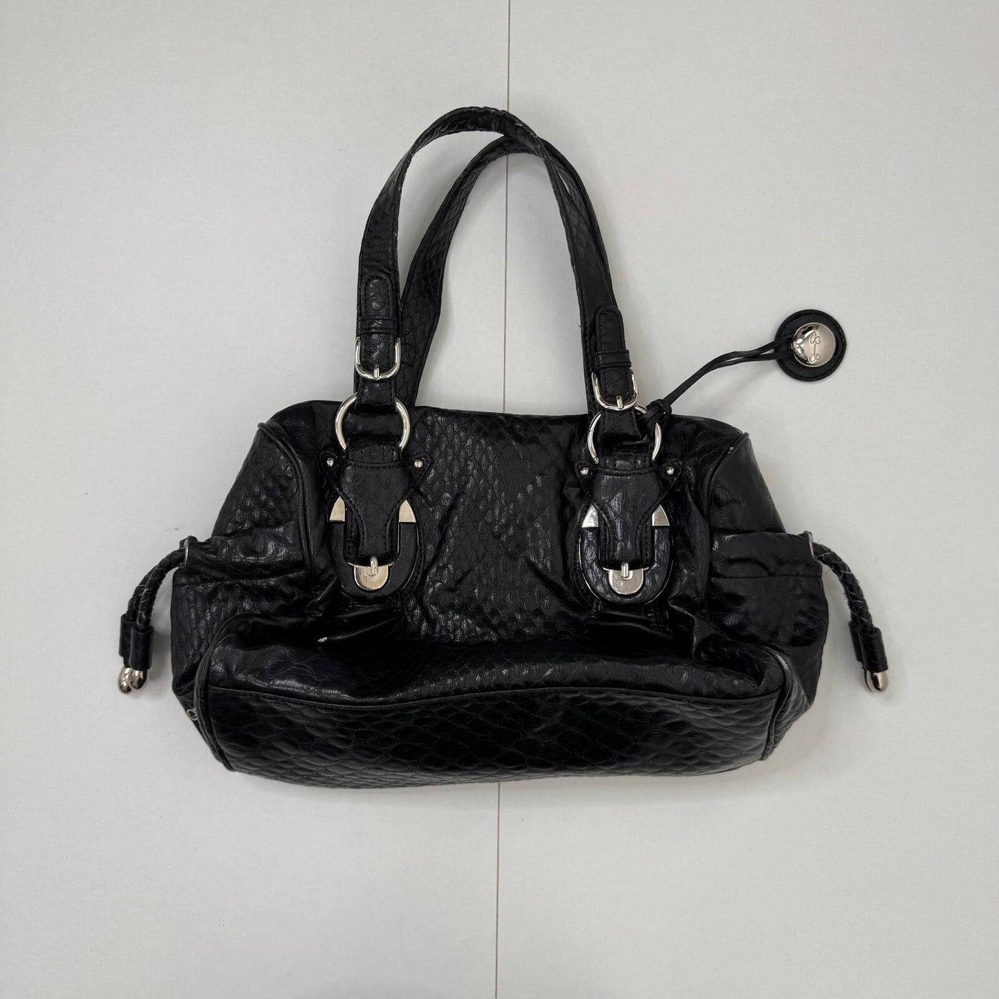 Y2K vintage genuine leather shoulder bag croc print black silver medium buckles