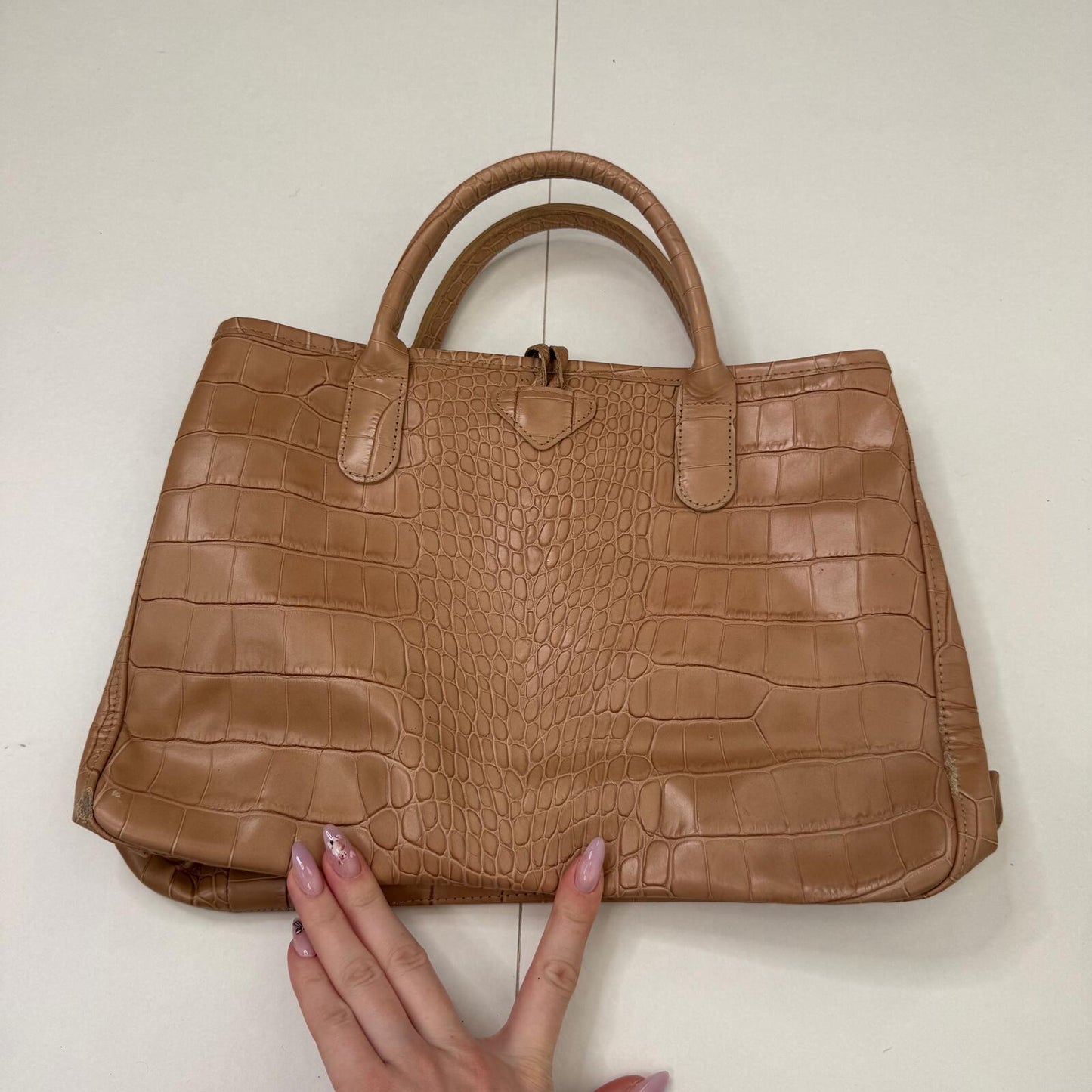 Y2K vintage Longchamp Roseau tote bag handbag cowhide leather crocodile embossed