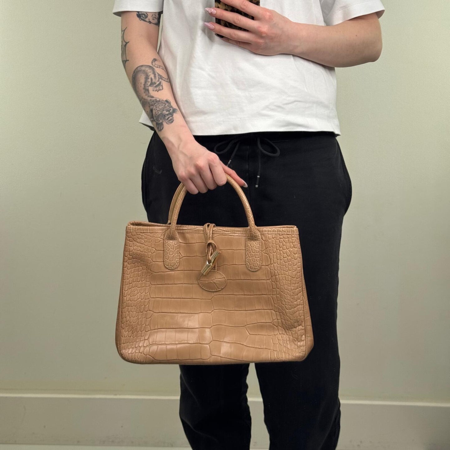 Y2K vintage Longchamp Roseau tote bag handbag cowhide leather crocodile embossed