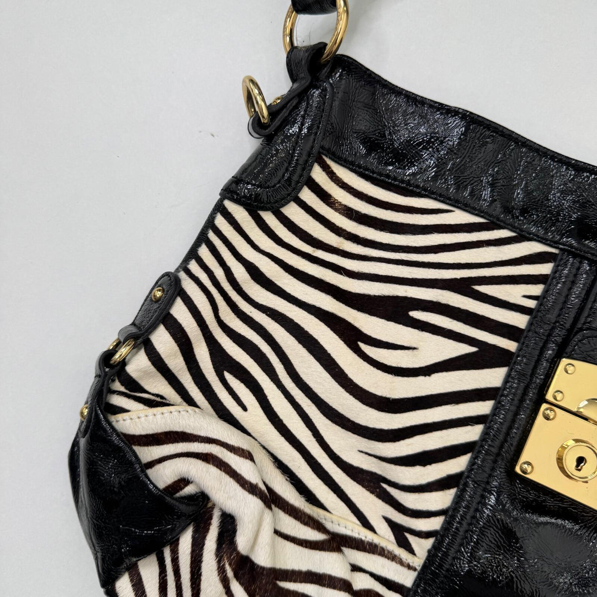 Y2K vintage shoulder bag zebra pony hair genuine leather hobo slouch large lock