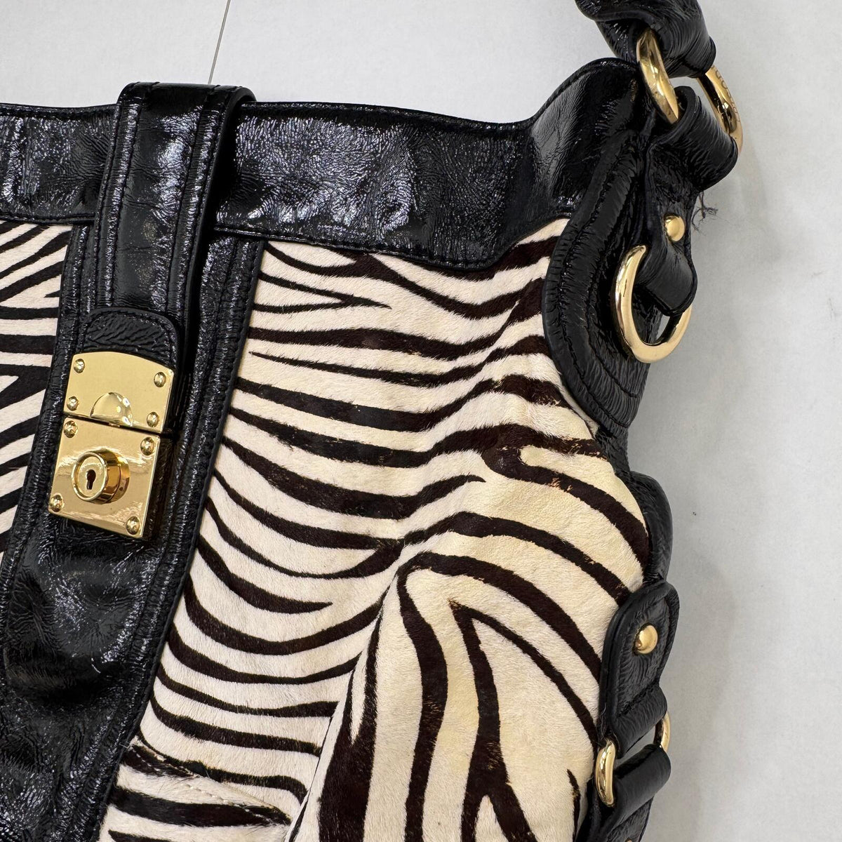 Y2K vintage shoulder bag zebra pony hair genuine leather hobo slouch large lock