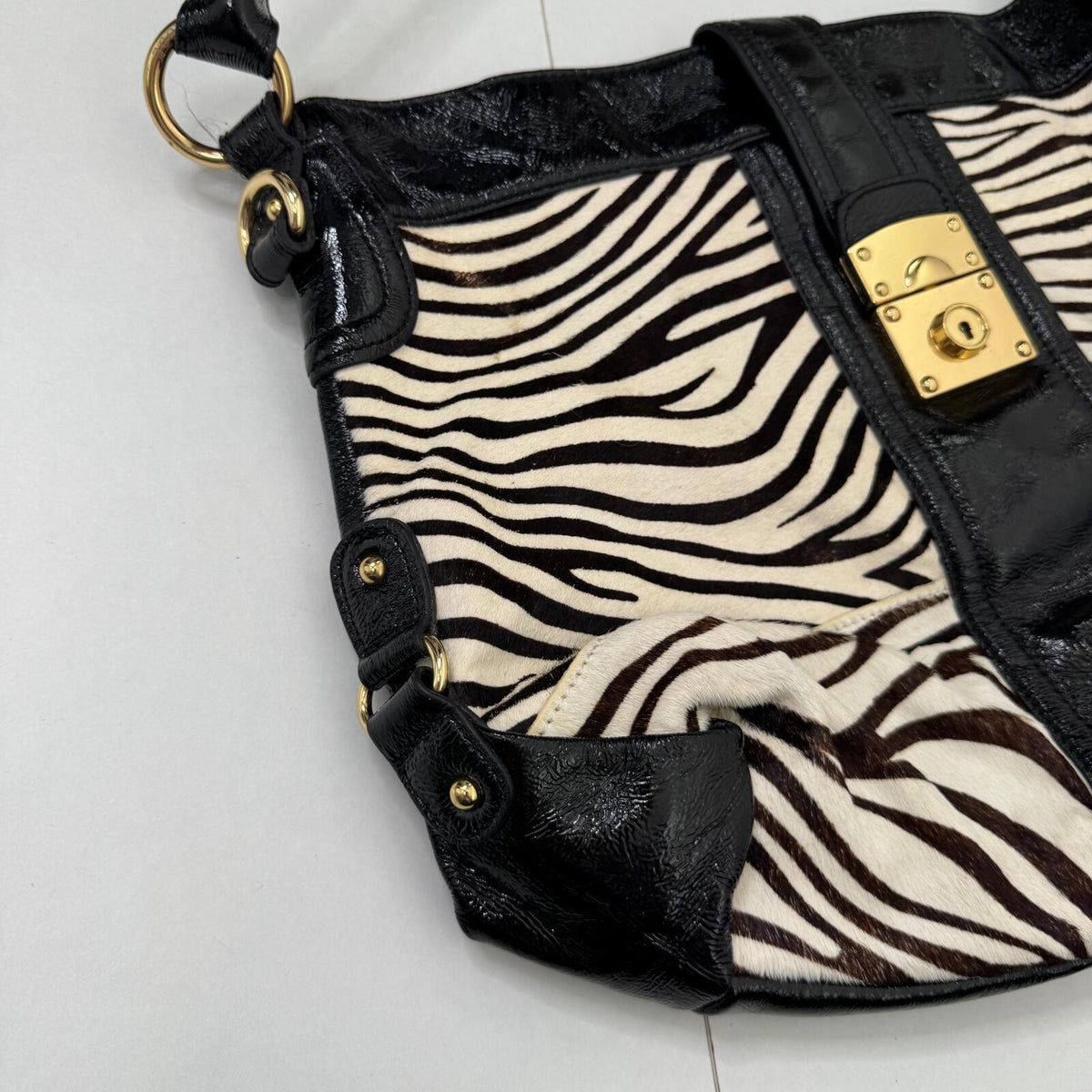 Y2K vintage shoulder bag zebra pony hair genuine leather hobo slouch large lock