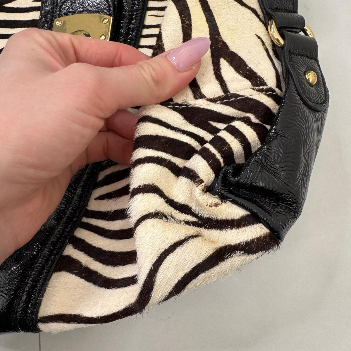 Y2K vintage shoulder bag zebra pony hair genuine leather hobo slouch large lock