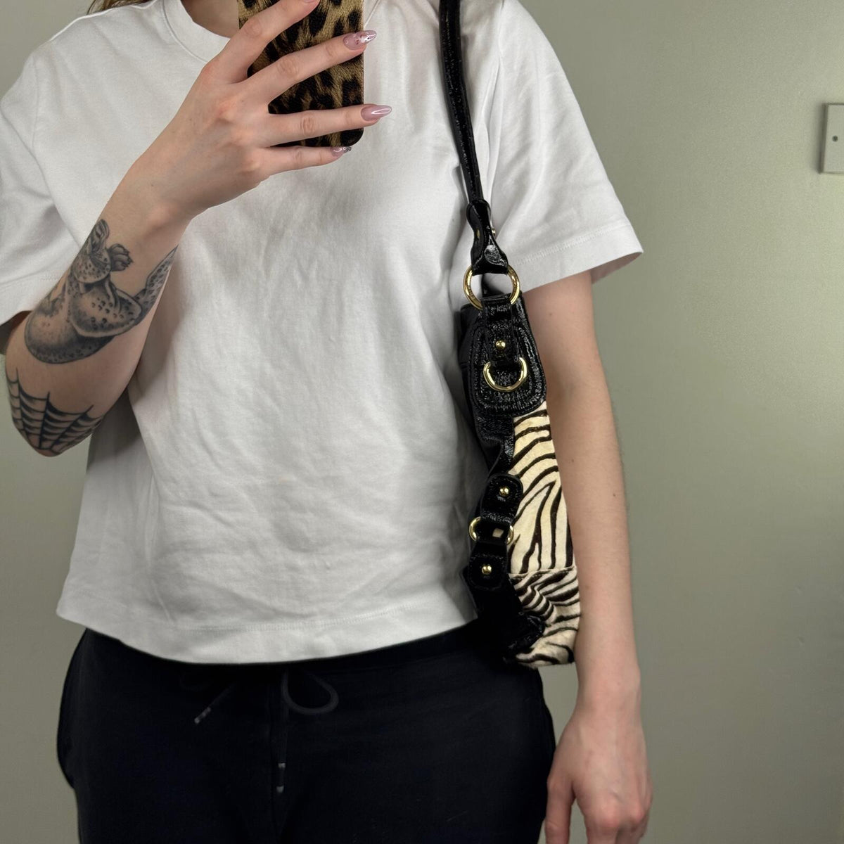 Y2K vintage shoulder bag zebra pony hair genuine leather hobo slouch large lock