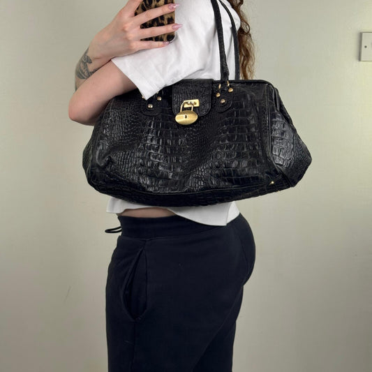 Y2K vintage shoulder bag genuine leather doctors croc print gold black medium