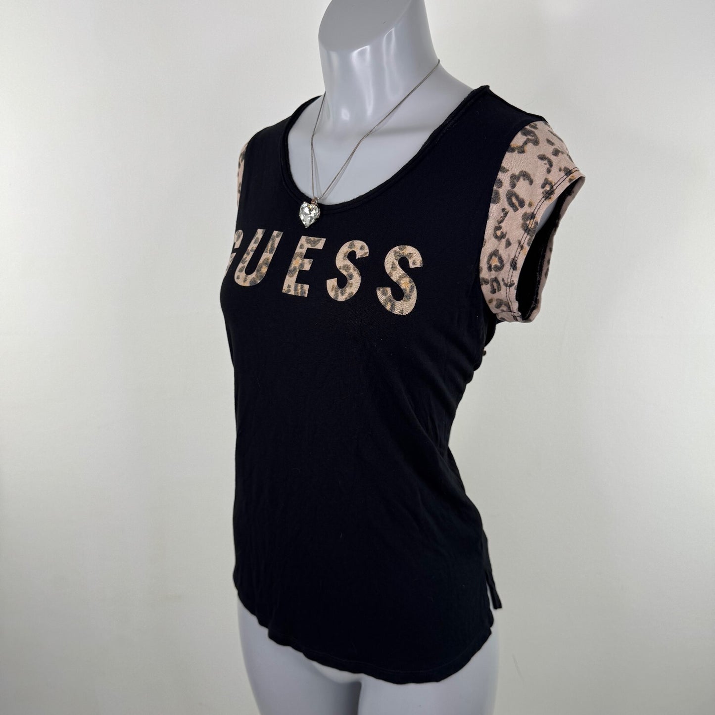 Y2K vintage Guess cap short sleeve top leopard logo spell out stretchy