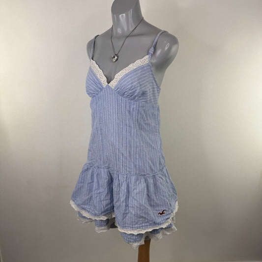Vintage Hollister mini dress pinstripe lace trim ruffle rara short tiered bow