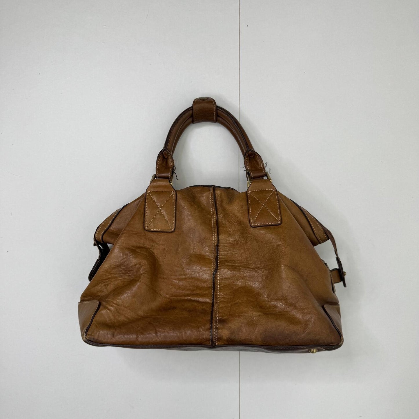 Y2K vintage handbag genuine leather faded worn brown medium contrast stitch