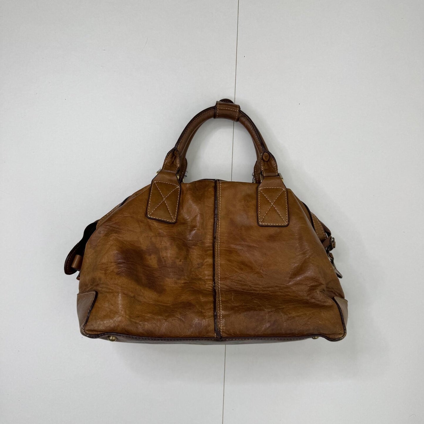 Y2K vintage handbag genuine leather faded worn brown medium contrast stitch