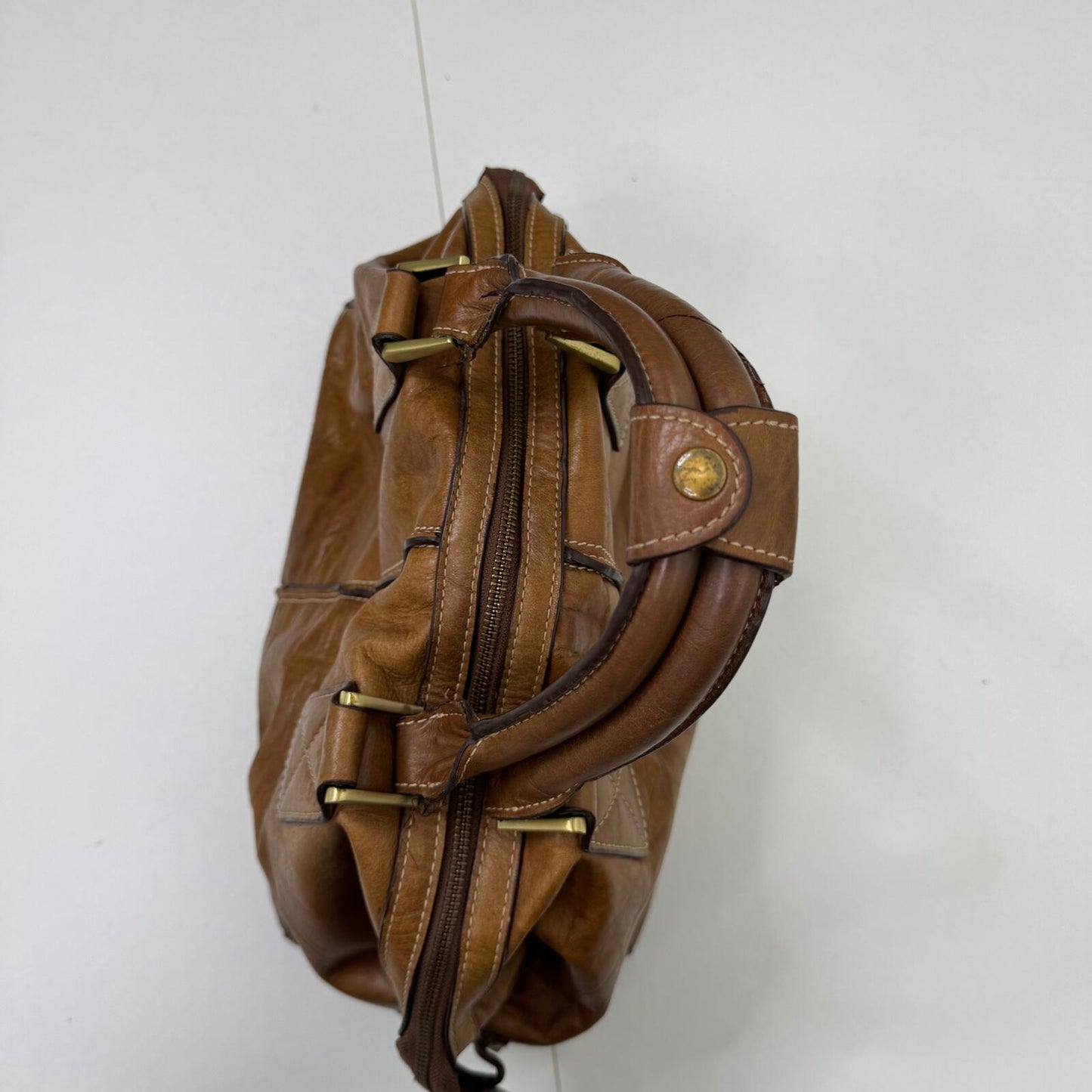 Y2K vintage handbag genuine leather faded worn brown medium contrast stitch
