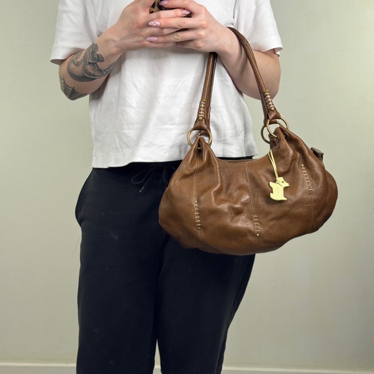 Y2K vintage Radley shoulder bag genuine leather contrast stitch o ring beaded