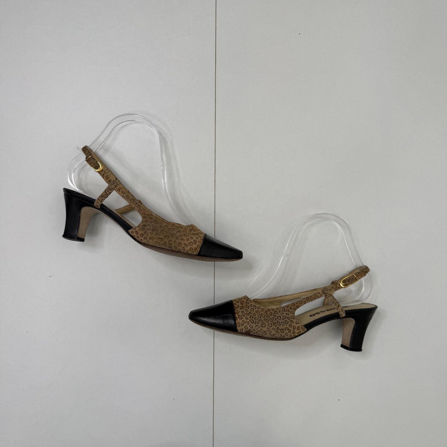 Y2K vintage leather block heels leopard print suede slingback leather