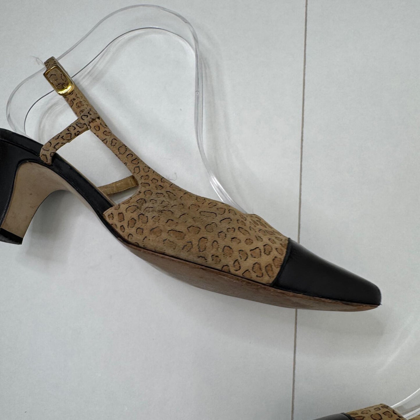 Y2K vintage leather block heels leopard print suede slingback leather