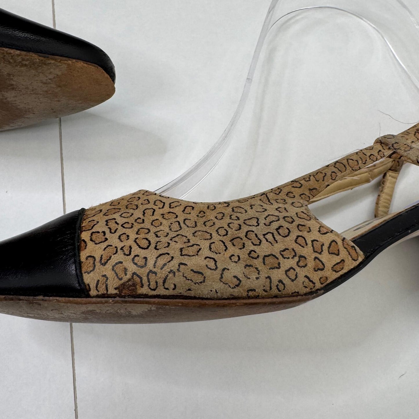 Y2K vintage leather block heels leopard print suede slingback leather