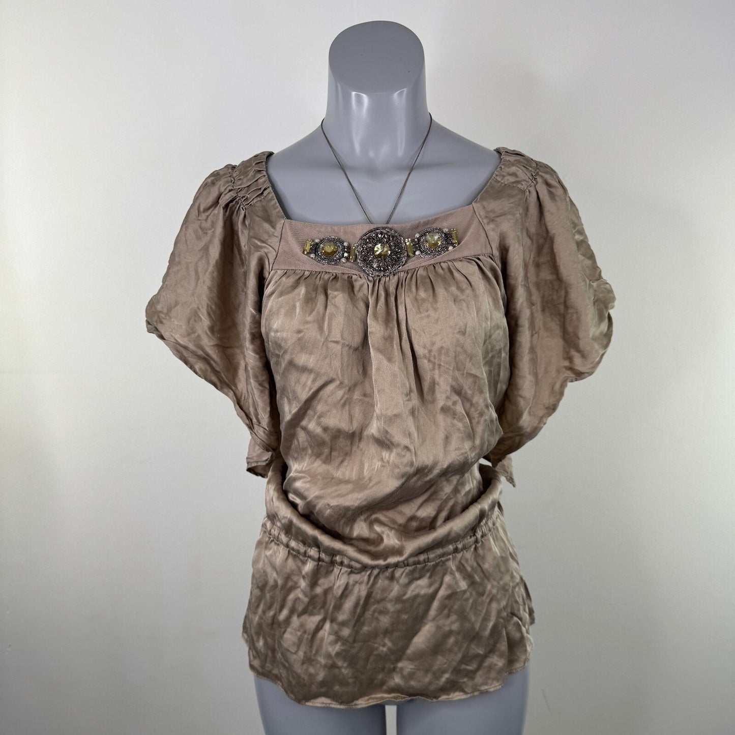 Vintage Y2K 100% silk blouse embellished flowy drawstring waist boho beaded