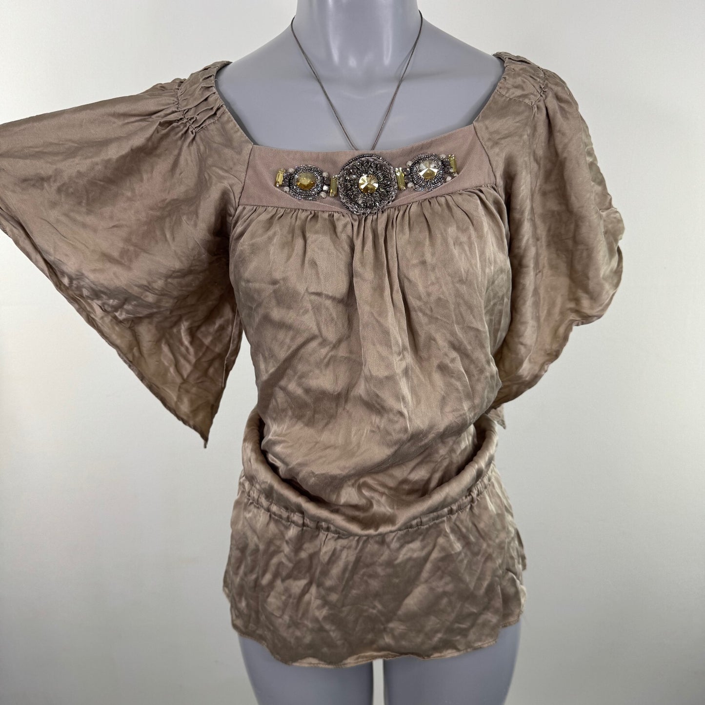 Vintage Y2K 100% silk blouse embellished flowy drawstring waist boho beaded