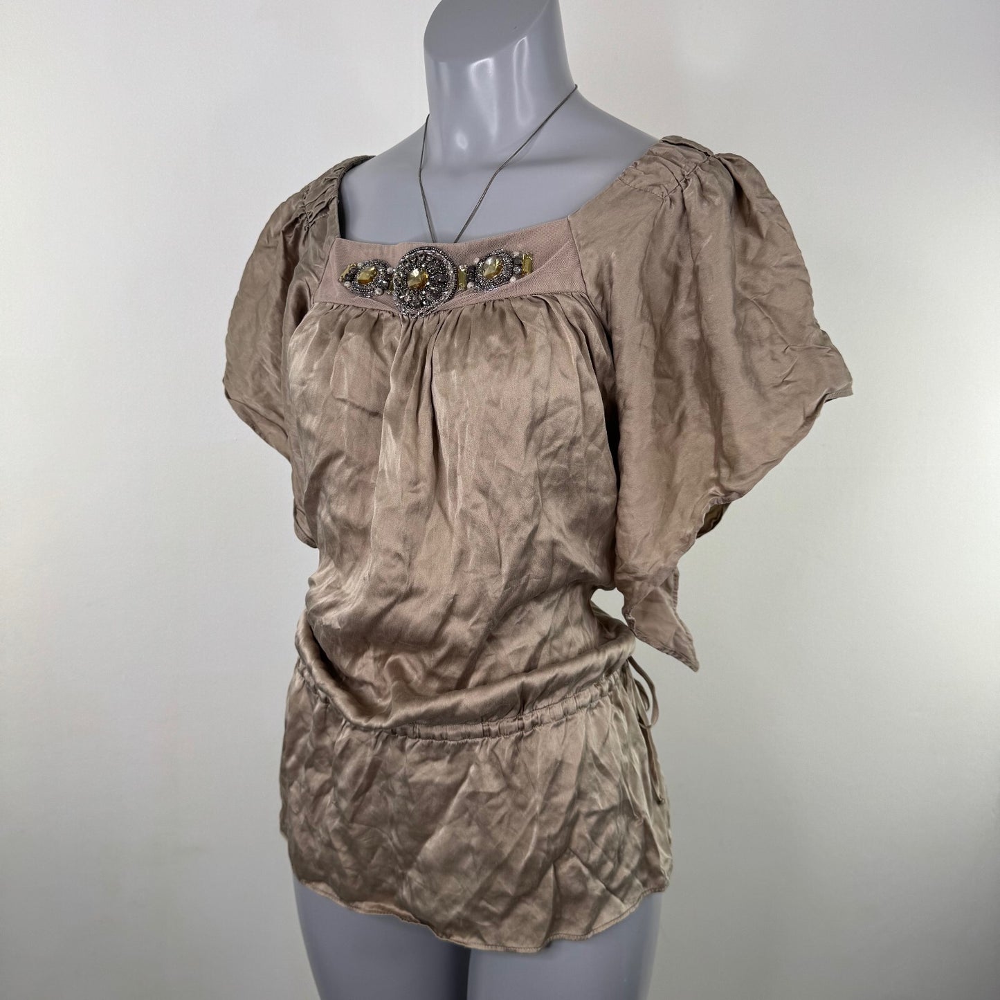 Vintage Y2K 100% silk blouse embellished flowy drawstring waist boho beaded