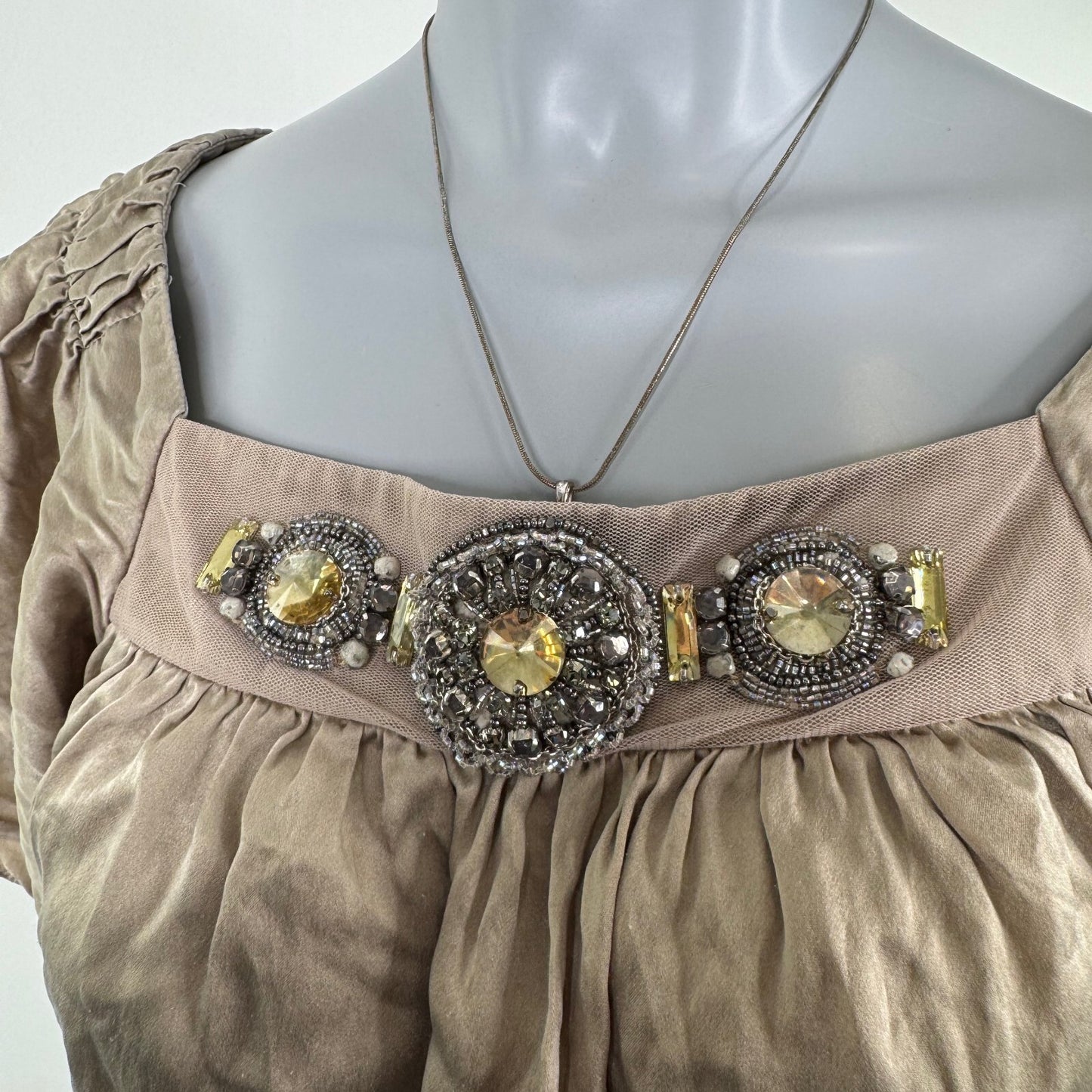 Vintage Y2K 100% silk blouse embellished flowy drawstring waist boho beaded