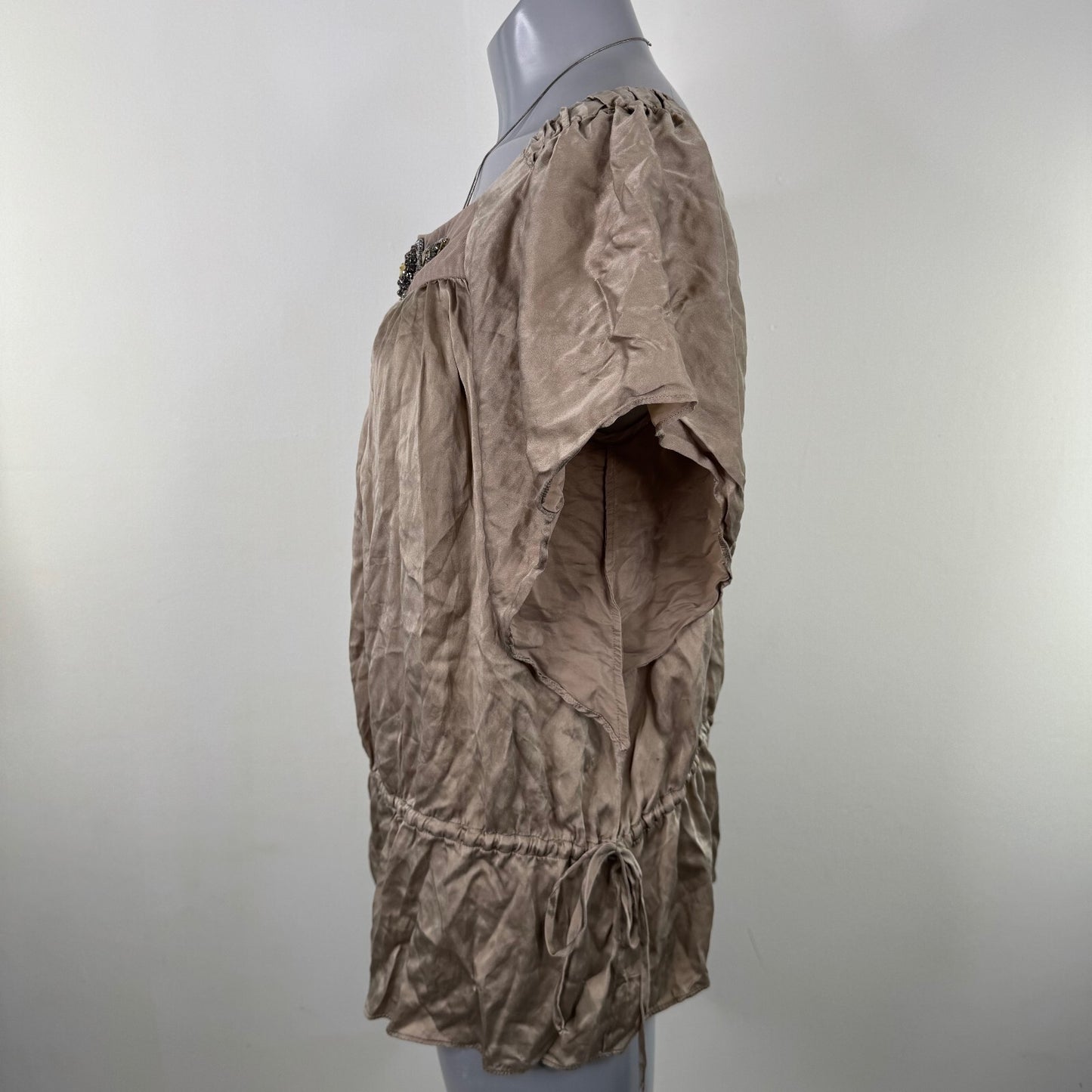 Vintage Y2K 100% silk blouse embellished flowy drawstring waist boho beaded