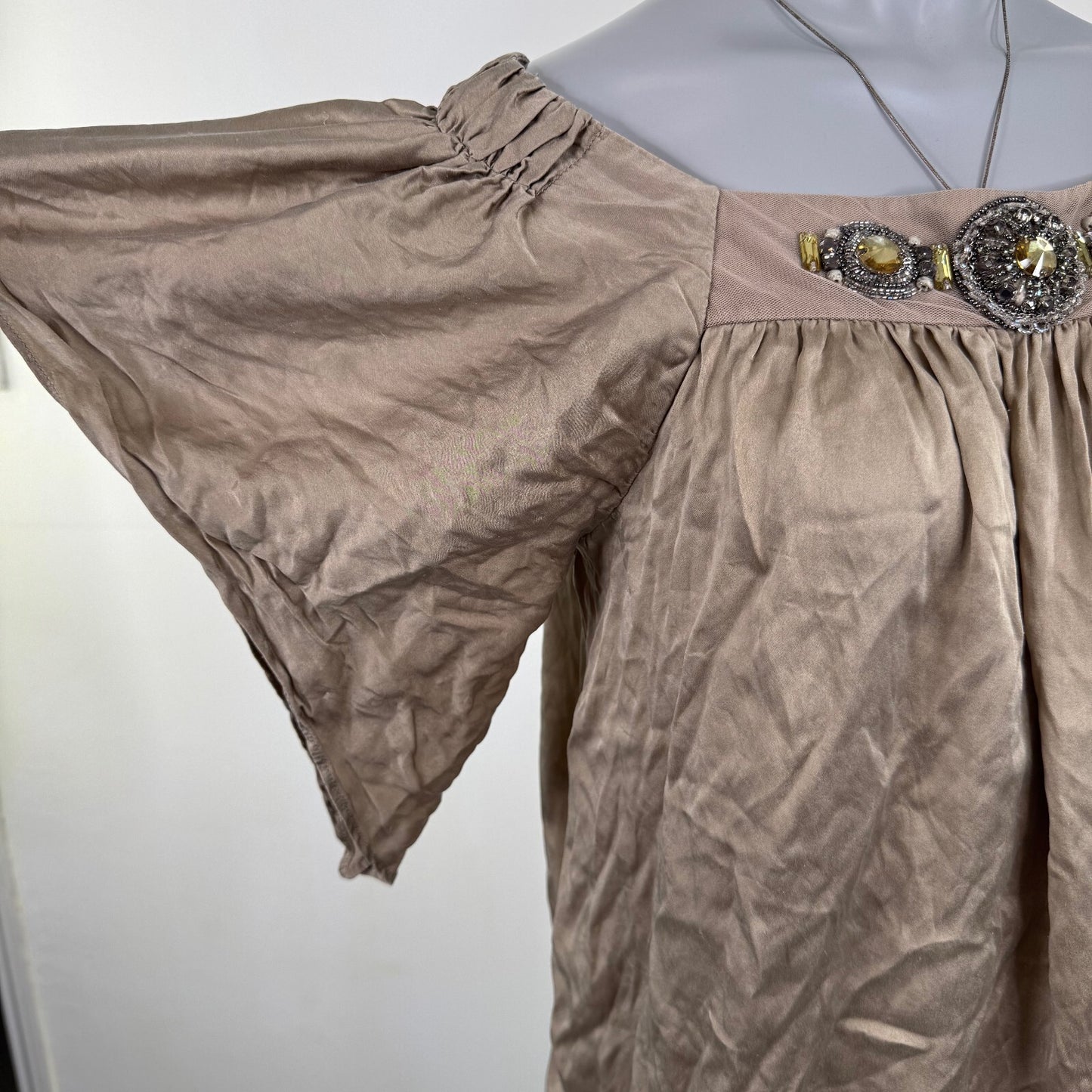 Vintage Y2K 100% silk blouse embellished flowy drawstring waist boho beaded