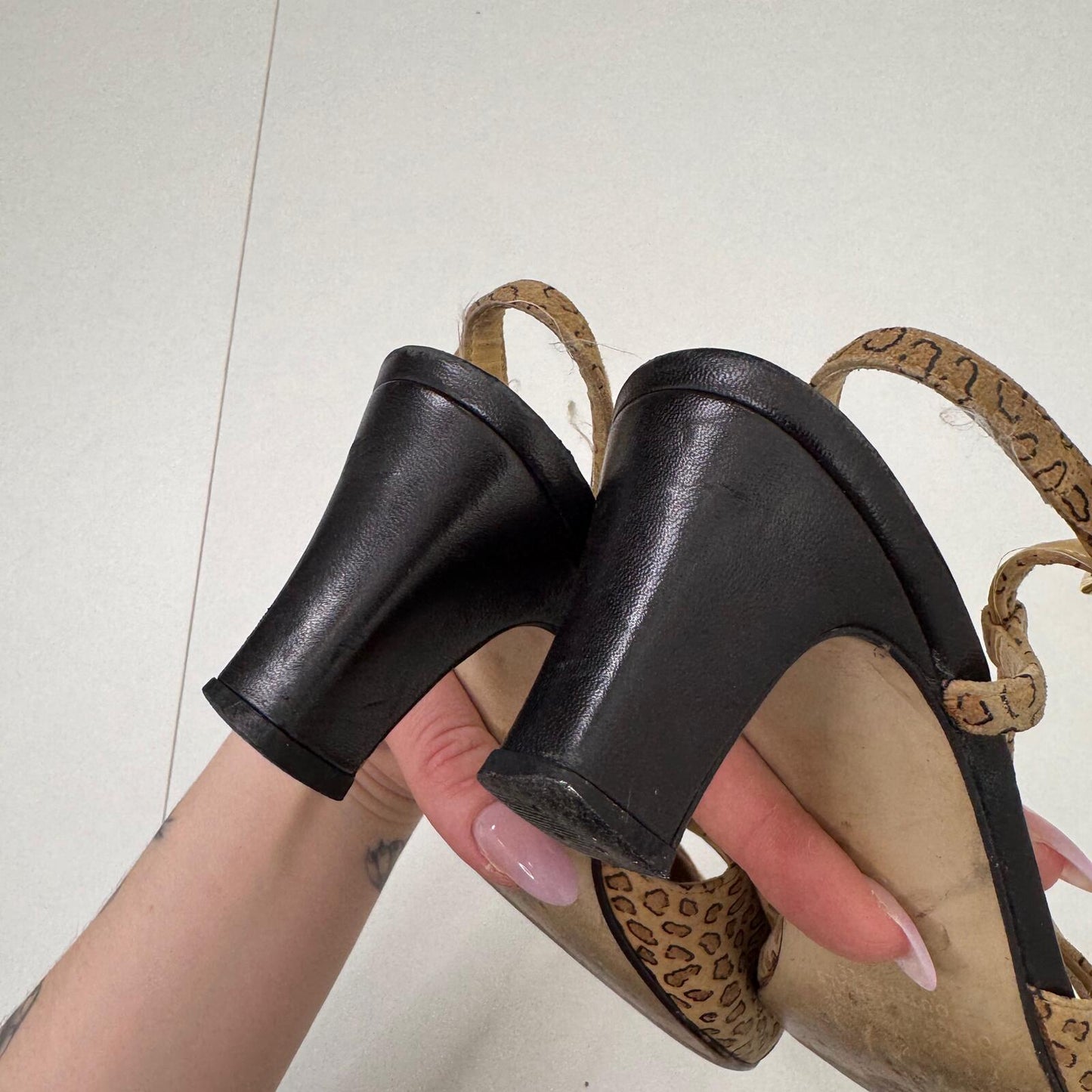 Y2K vintage leather block heels leopard print suede slingback leather