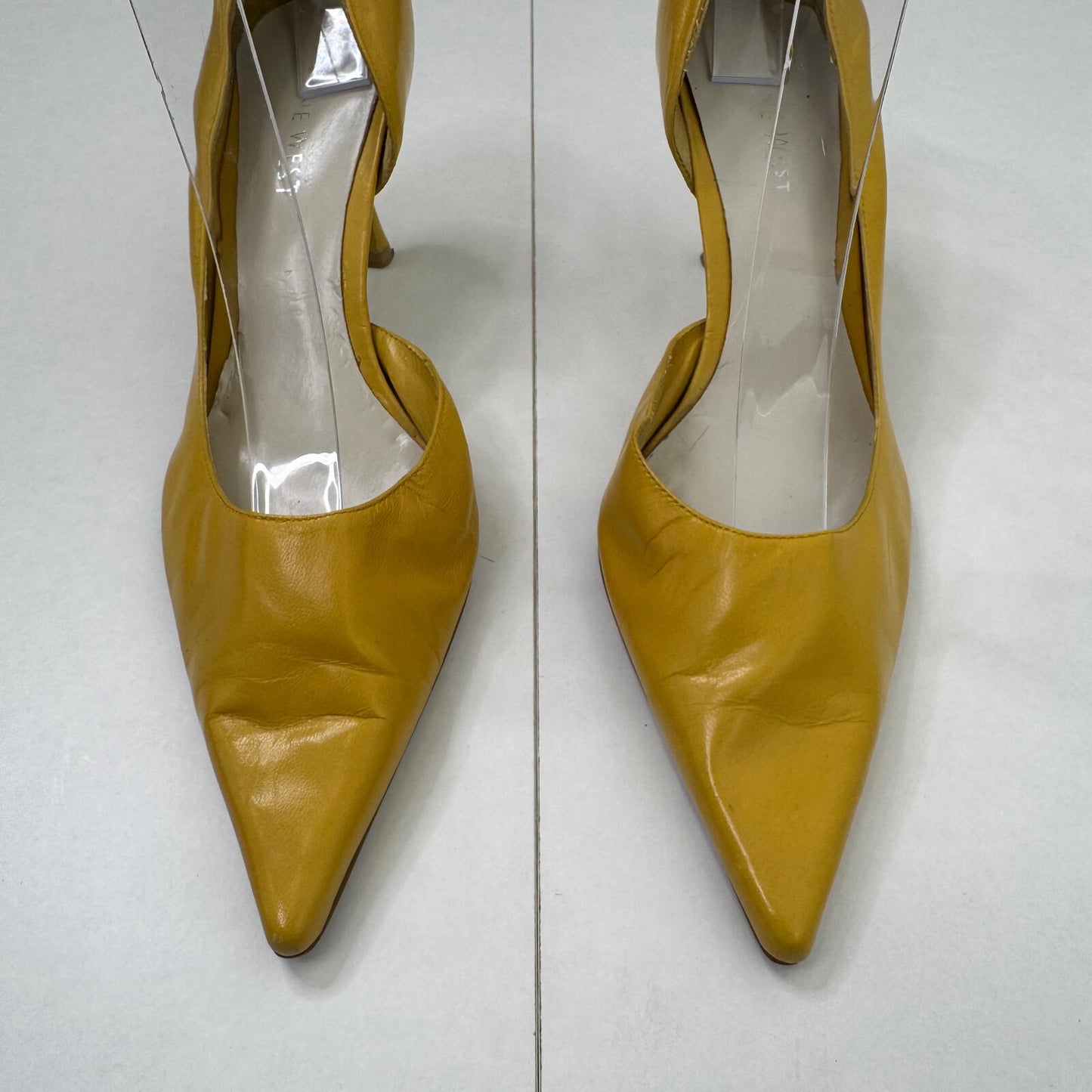 Y2K vintage genuine leather court heels pointed toe yellow stiletto