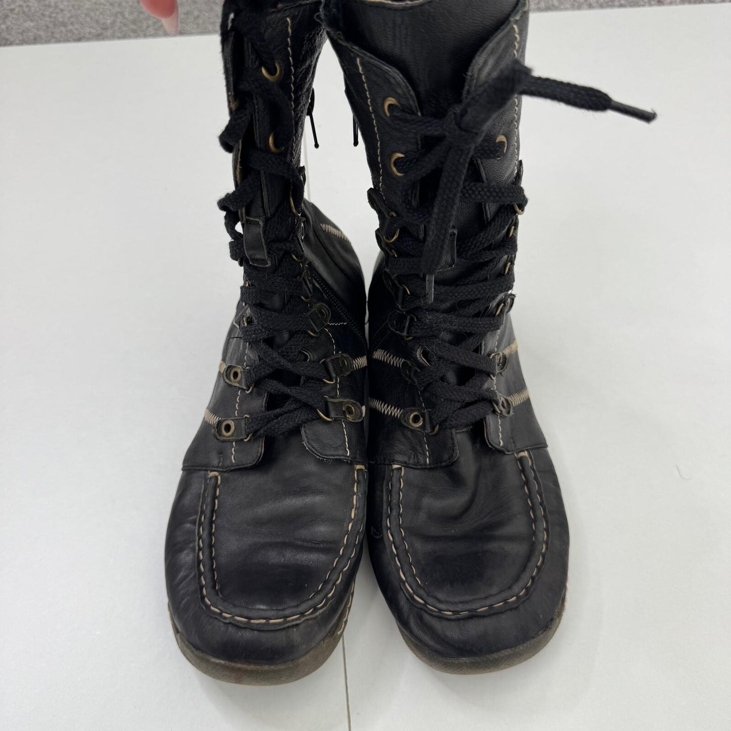 Y2K vintage boots genuine soft leather mid calf length contrast stitch lace up