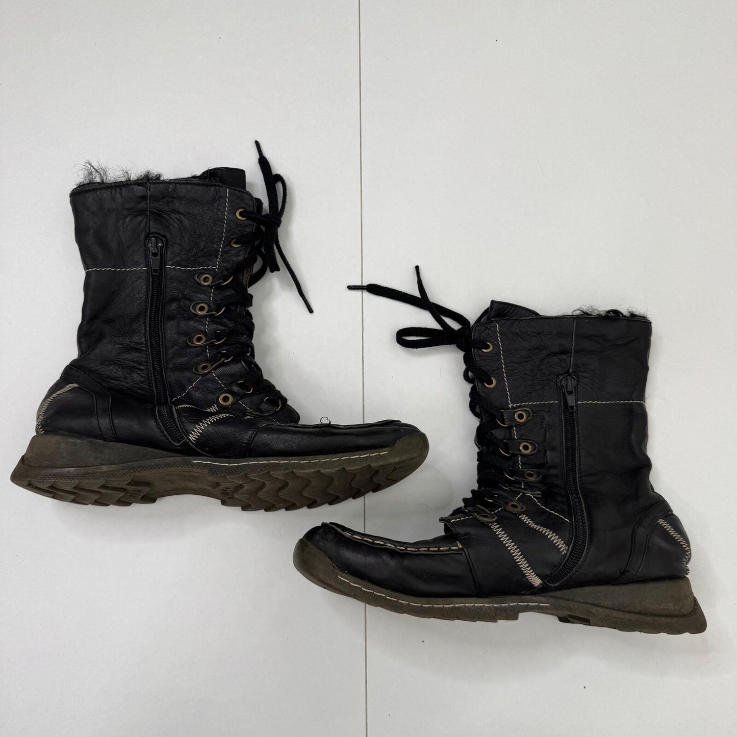 Y2K vintage boots genuine soft leather mid calf length contrast stitch lace up
