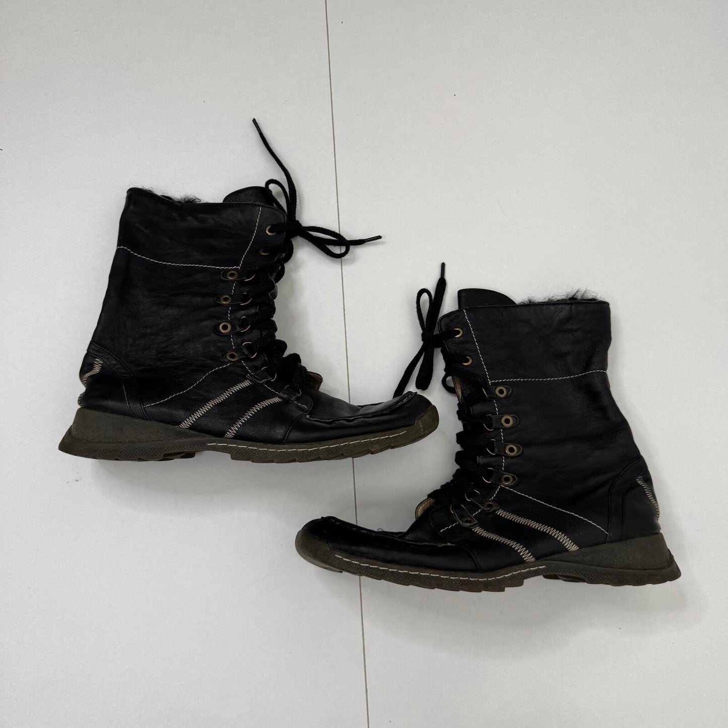 Y2K vintage boots genuine soft leather mid calf length contrast stitch lace up