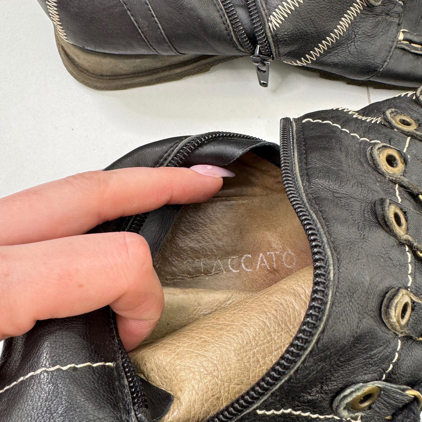 Y2K vintage boots genuine soft leather mid calf length contrast stitch lace up