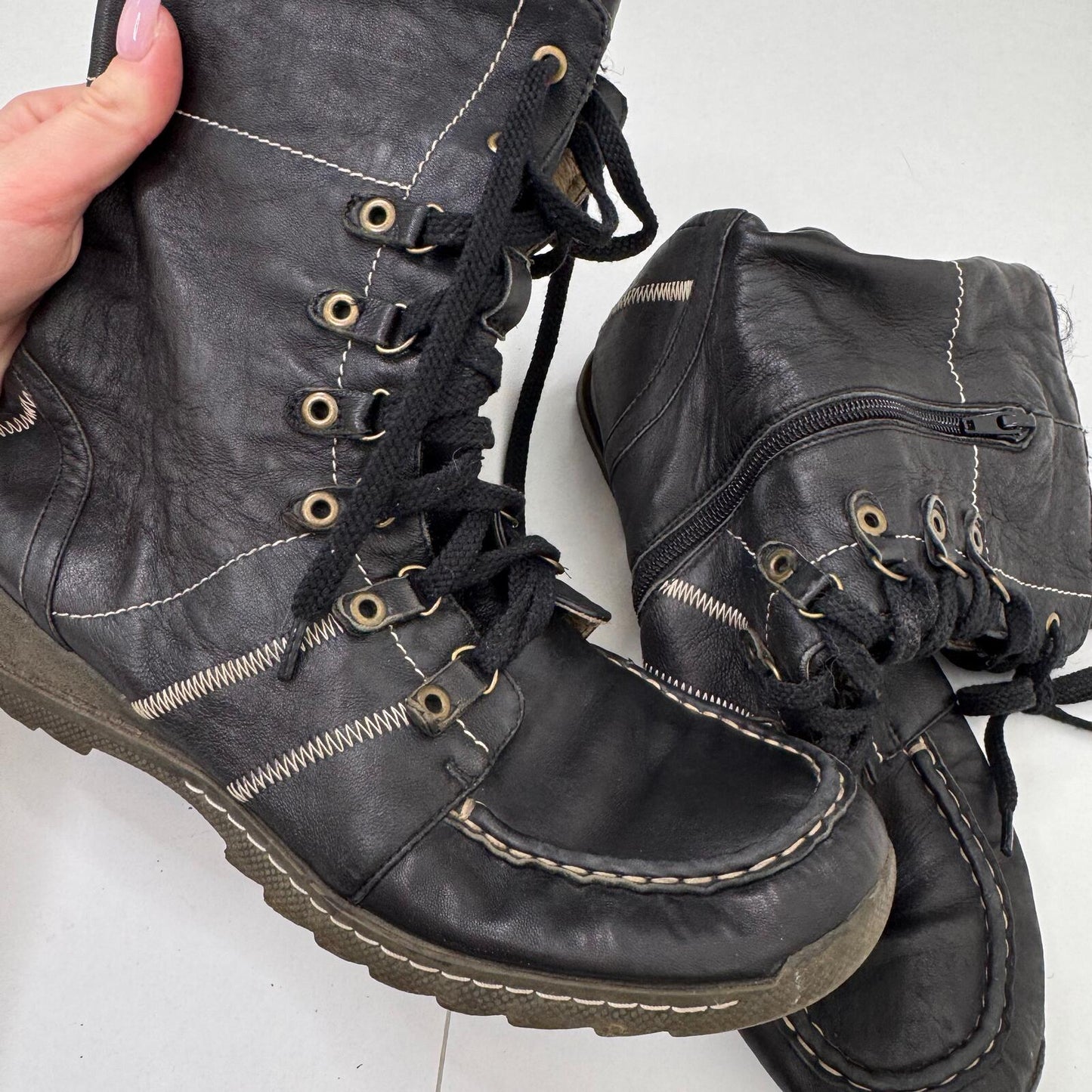 Y2K vintage boots genuine soft leather mid calf length contrast stitch lace up