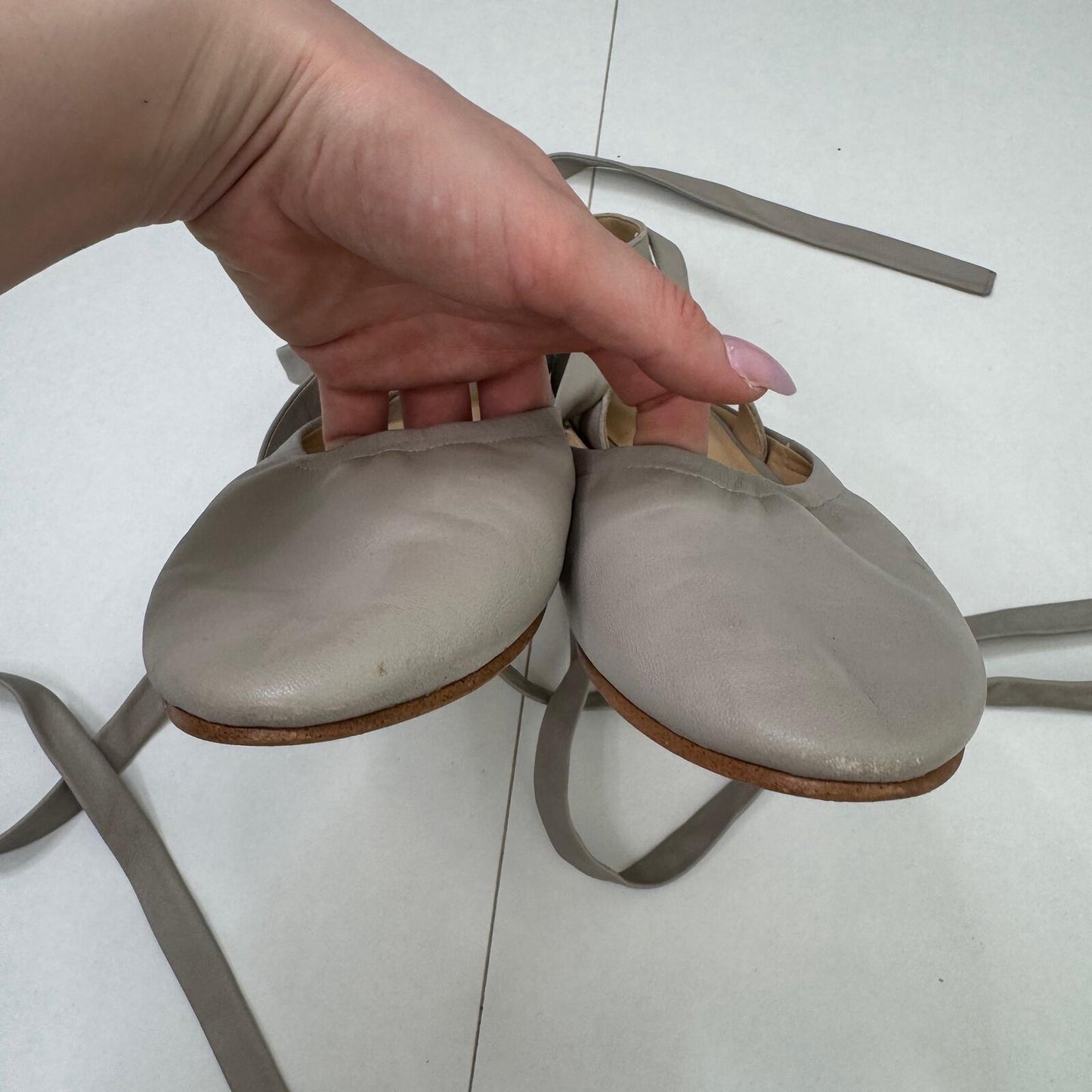 Y2K vintage genuine leather flats ballerina lace up grey