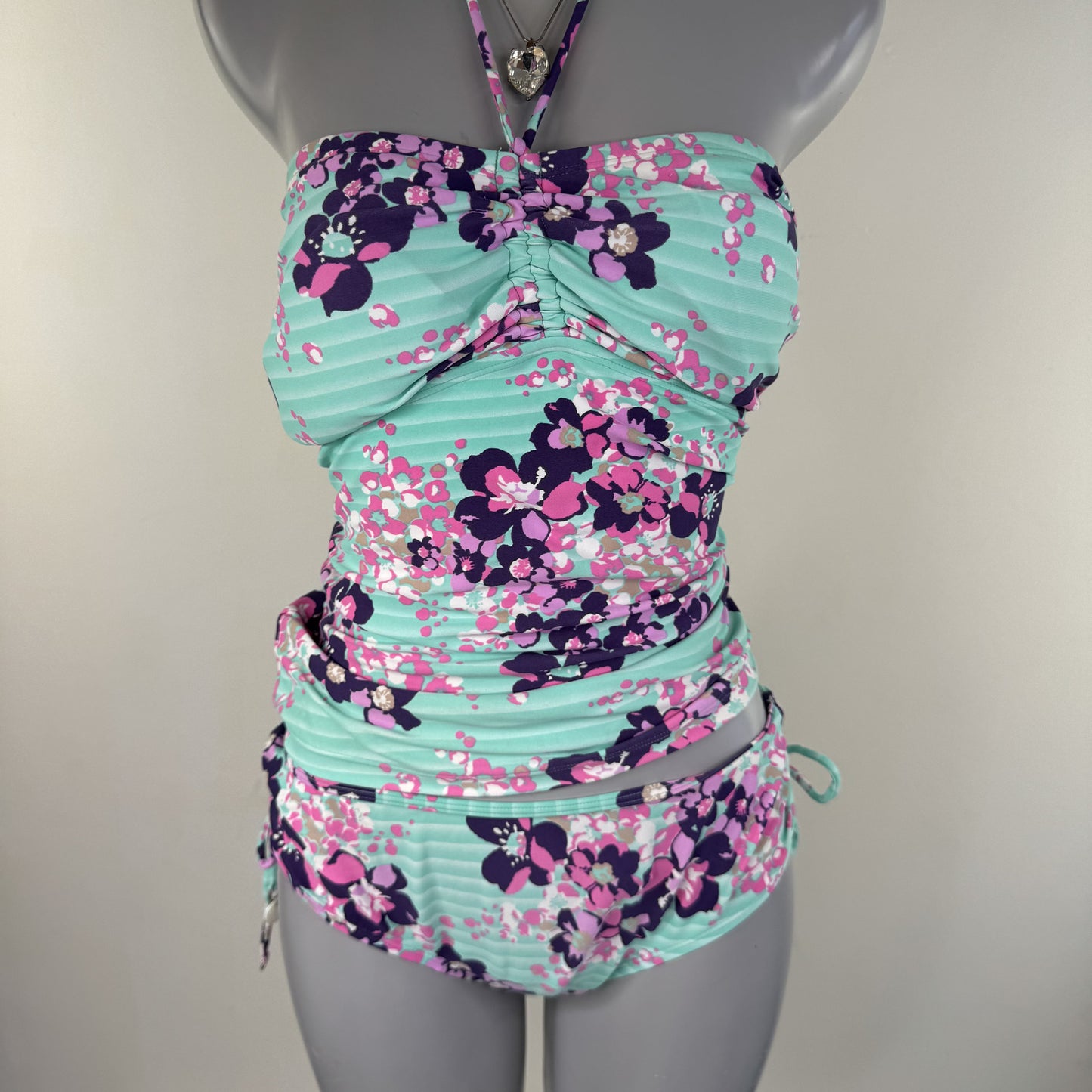 Y2K vintage tankini set floral halter neck bikini bottoms matching ruched bows