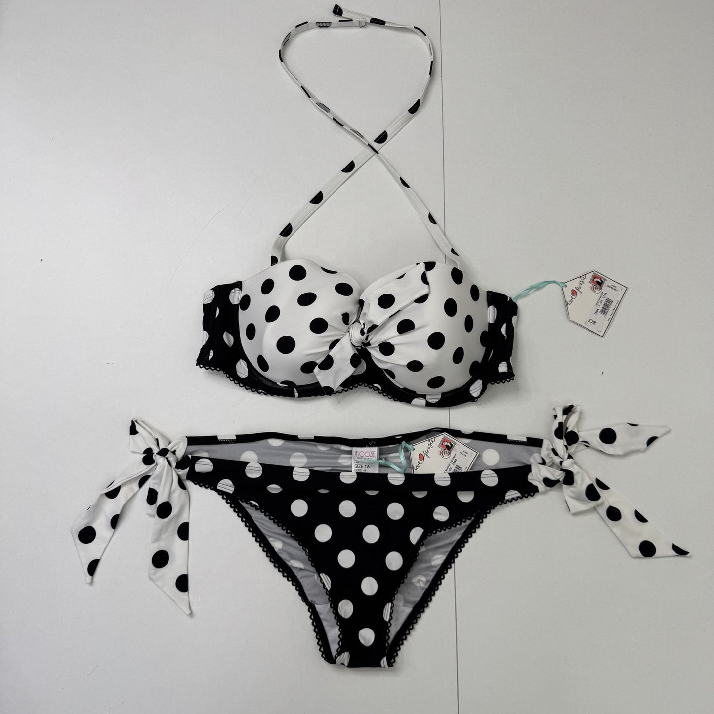Y2K vintage bikini matching set halter neck polka dot ruched tie bow ruched
