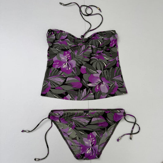 Y2K vintage tankini set halter neck floral padded bust tie sting bead palm tree