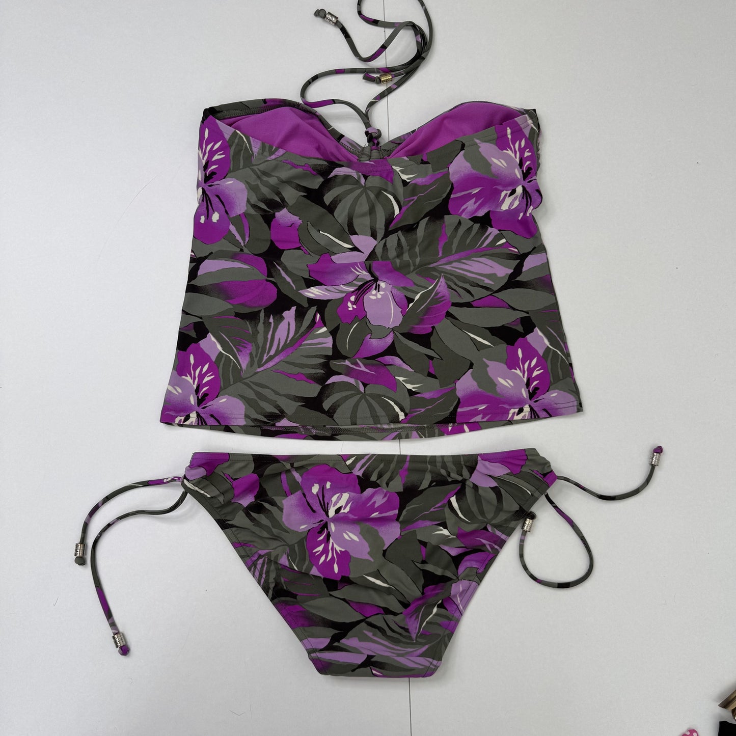 Y2K vintage tankini set halter neck floral padded bust tie sting bead palm tree