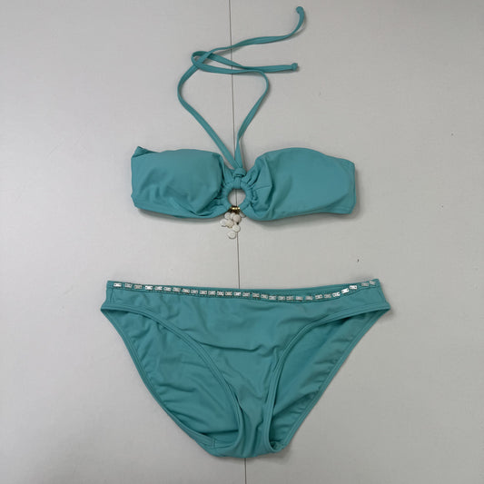 Y2K vintage bikini set matching halter neck beaded o ring turquoise beaded